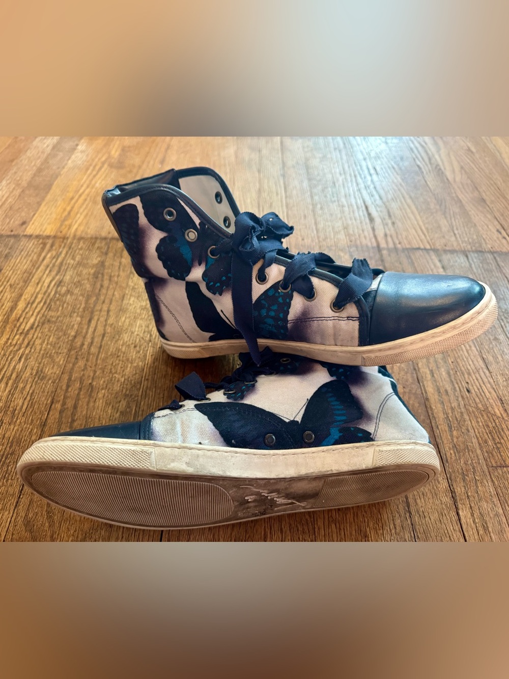Lanvin Cream Canvas and Blue Leather Sneakers w/ Butterfly Design - size 41